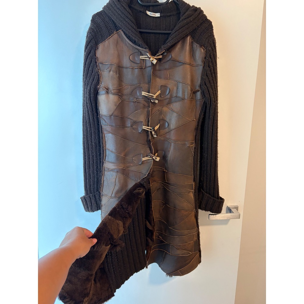 Extyn Italy Brown Wool Blend genuine Leather Patchwork Toggle Hooded Cardigan